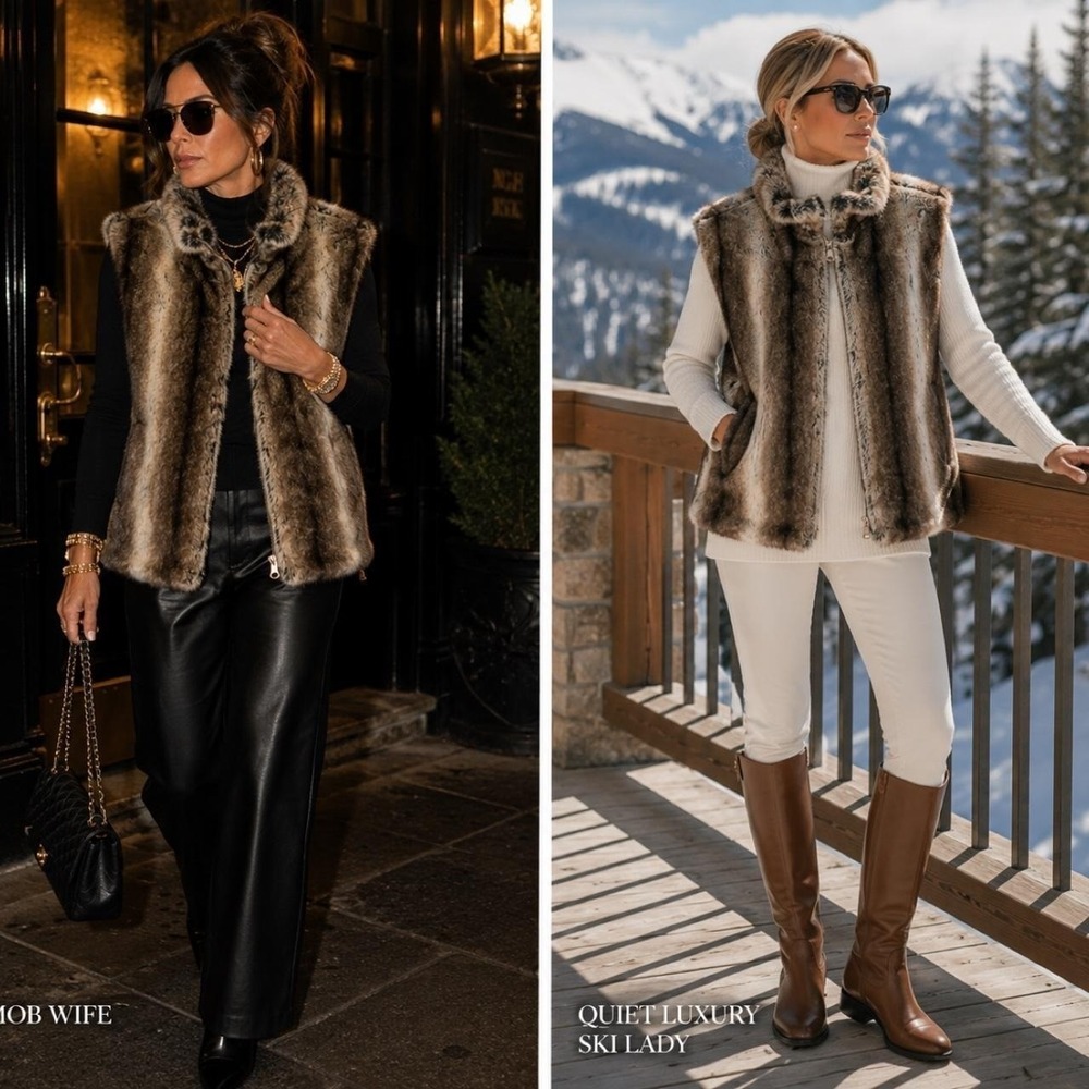 Bagatelle Reversible Faux Fur Vest Women's Large Brown Zip Old‎ Money Mob Wife